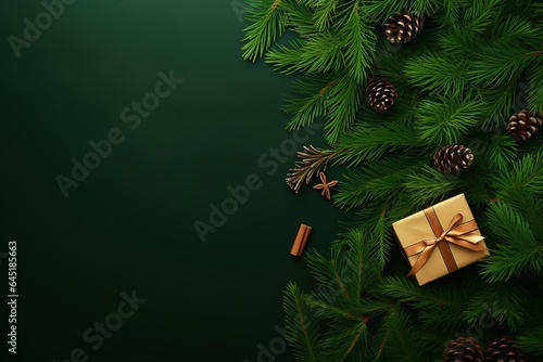 Christmas background with fir branches on a green background.Generative Ai