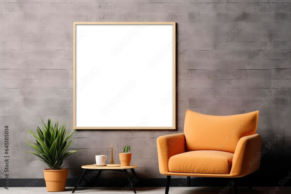 Interior of modern living room with empty picture frame on concrete wall Interior of modern living room with empty picture frame on concrete wall