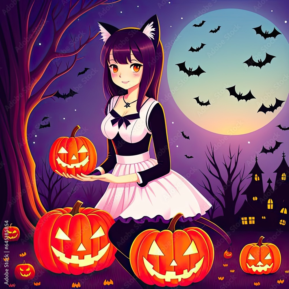 Spooky Halloween Cartoon with Pumpkin Lantern and Girl. Generative Ai Spooky Halloween Cartoon with Pumpkin Lantern and Girl. Generative Ai