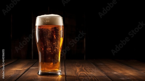 glasses of beer on a wooden table and blurred background,Beer Mug With Wheat And Hops In Cellar With Barrel