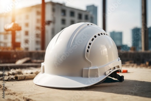 White safety helmet on construction site background. Engineering and architecture concept.