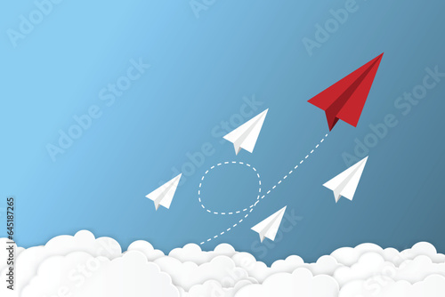 Paper plane go to success goal vector business financial concept start up, leadership, creative idea symbol paper art style