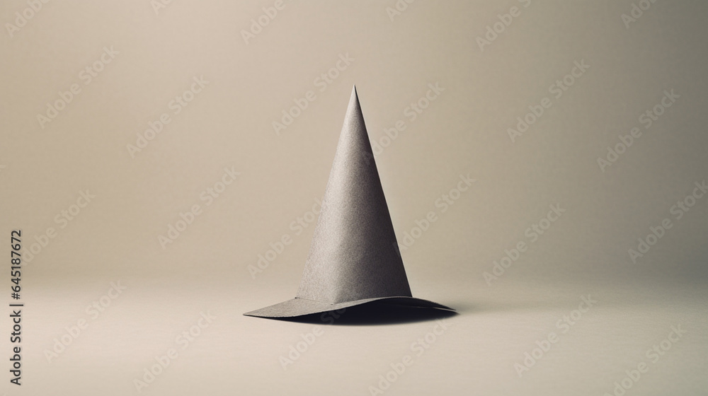 Fototapeta premium Halloween Witch's Hat Paper Craft in Muted Gray and Black Color Tones with Textured Background - Spooky Season Crafts Concept with Copy Space