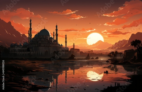 A beautiful illustration of a mosque in the desert with a sunset or sunrise.