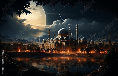 Illustration of a beautiful mosque in the desert surrounded by mountains and a beautiful moon