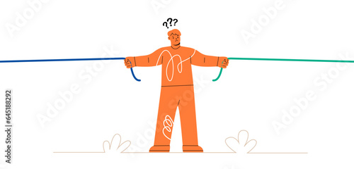 Puzzled man doubting, deciding, setting priorities. Make choice, decision concept. Colorful vector illustration