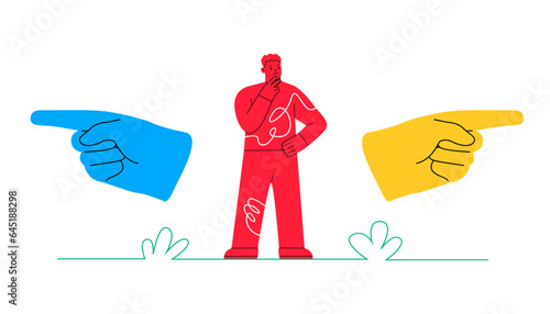 Puzzled man doubting, deciding, setting priorities. Make choice, decision concept. Colorful vector illustration