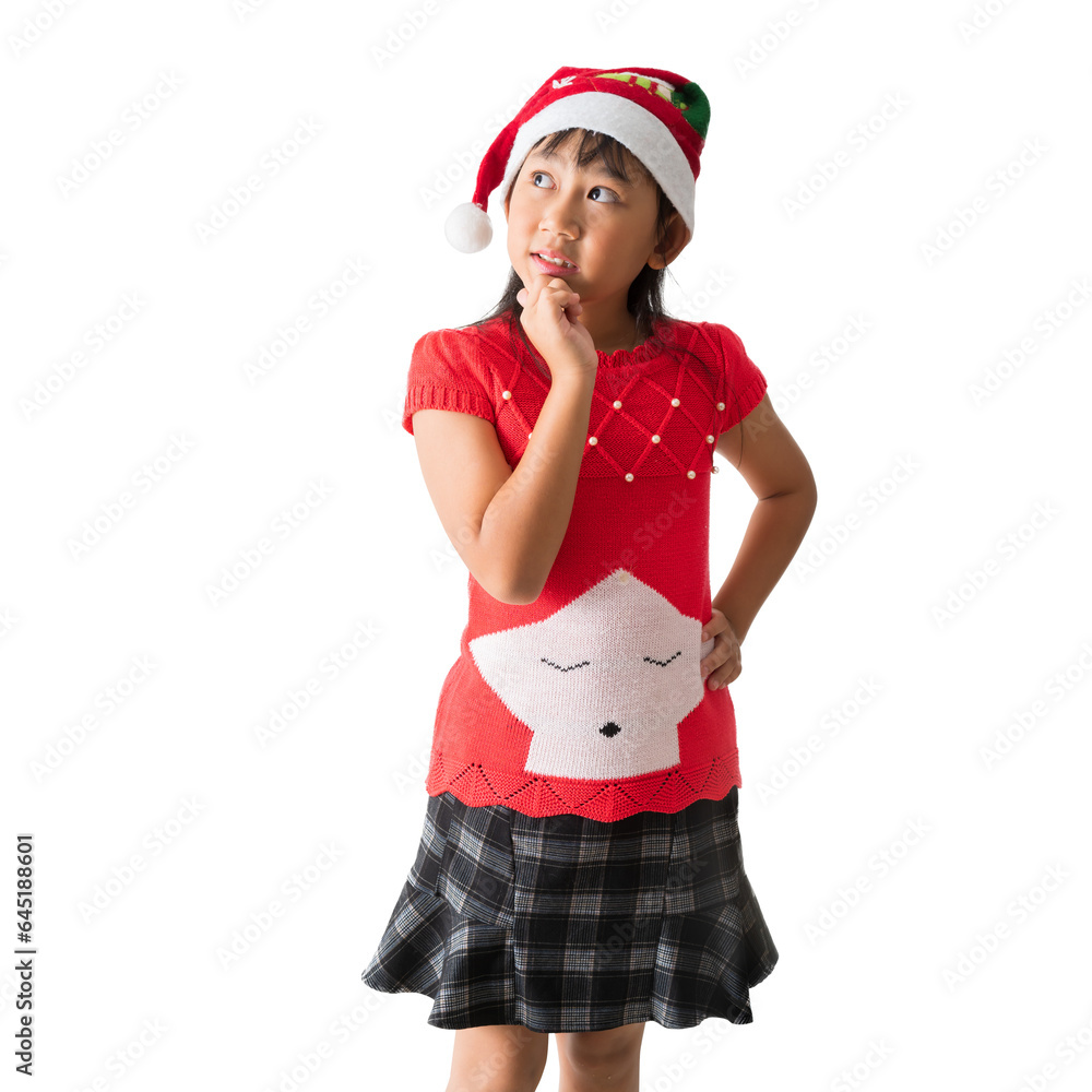 Happy smiling asian child girl in Santa Claus hat with wearing a red Christmas costume, Positive looking thinking standing posing, isolated on white and transparent background Happy smiling asian child girl in Santa Claus hat with wearing a red Christmas costume, Positive looking thinking standing posing, isolated on white and transparent background