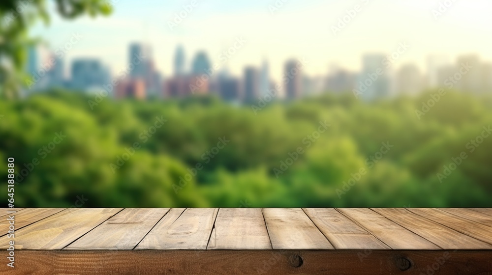 Table background and spring time, Empty wood table top and blurred green tree in the park garden background, Empty wooden table with defocused green lush foliage at background Table background and spring time, Empty wood table top and blurred green tree in the park garden background, Empty wooden table with defocused green lush foliage at background