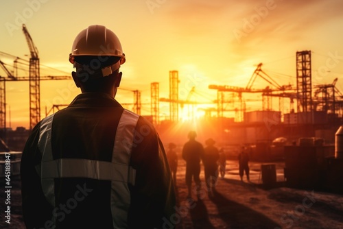 Silhouette engineer and worker working on construction site with sunset background