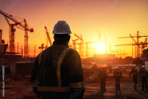 Silhouette engineer and worker working on construction site with sunset background © Viewvie