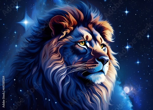 Image of a lion on the background of stars and space created with Generative AI technology.