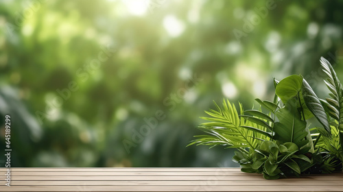 Table background and spring time, Empty wood table top and blurred green tree in the park garden background, Empty wooden table with defocused green lush foliage at background
