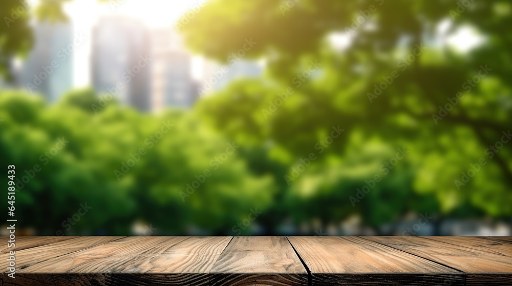Table background and spring time, Empty wood table top and blurred green tree in the park garden background, Empty wooden table with defocused green lush foliage at background Table background and spring time, Empty wood table top and blurred green tree in the park garden background, Empty wooden table with defocused green lush foliage at background