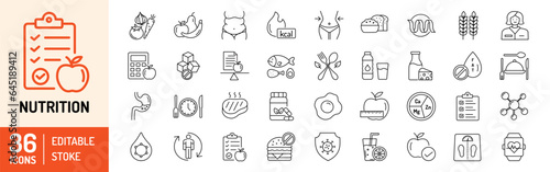 Nutrition editable stroke outline Icons set. Vitamins, calories, nutrition, fruits, vegetables, water, obesity, fiber, protein, sugar free, meal plan and carbohydrate. Vector illustration