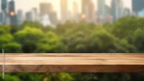 Table background and spring time, Empty wood table top and blurred green tree in the park garden background, Empty wooden table with defocused green lush foliage at background