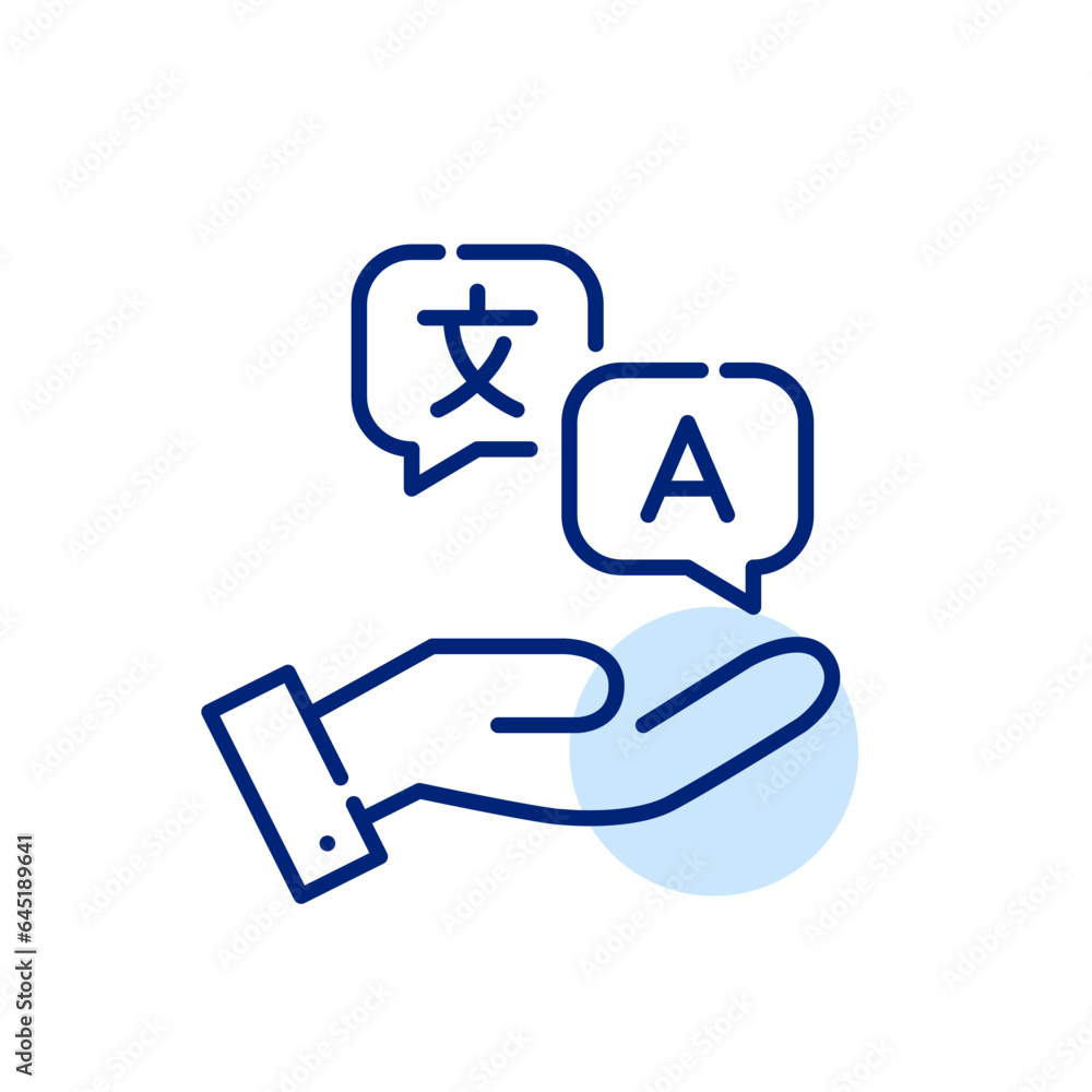 Hand holding speech bubbles with translation symbols. Pixel perfect, editable stroke icon Hand holding speech bubbles with translation symbols. Pixel perfect, editable stroke icon