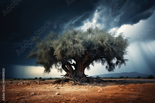 Árbol olivo centenario aislado en un día de tormenta photo