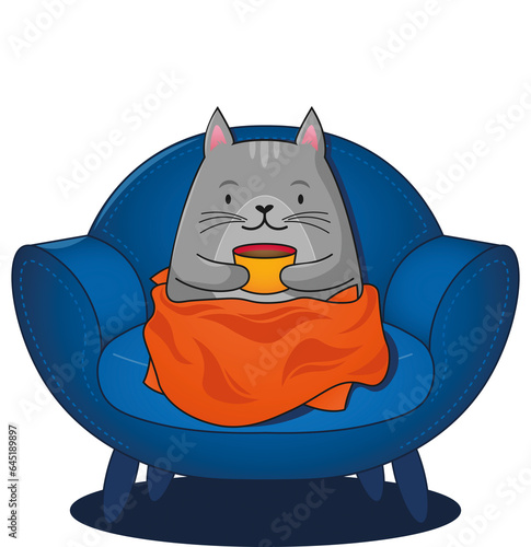 Fototapeta Naklejka Na Ścianę i Meble -  Digital png illustration of cat on chair under blanket holding cup on transparent background