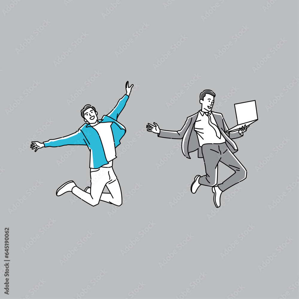 Obraz premium Two young happy man jumping together