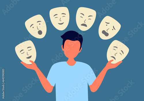 Man with emotion masks. Faceless guy hiding real feelings. Mental health and psychological problems.