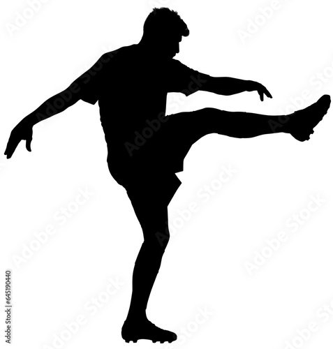 Digital png illustration of silhouette of male football player kicking on transparent background