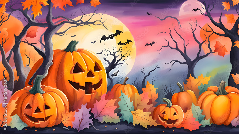 Halloween background with pumpkins in watercolor style.