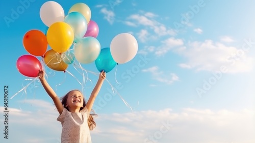 Cheerful funny child holding colourful balloons on a sky background. Generative AI