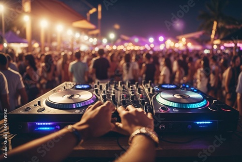 Dj mixer in front of the crowd at a music festival.