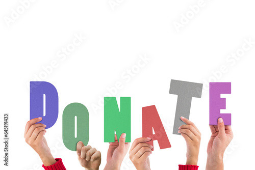 Digital png illustration of hands holding donate text on transparent background