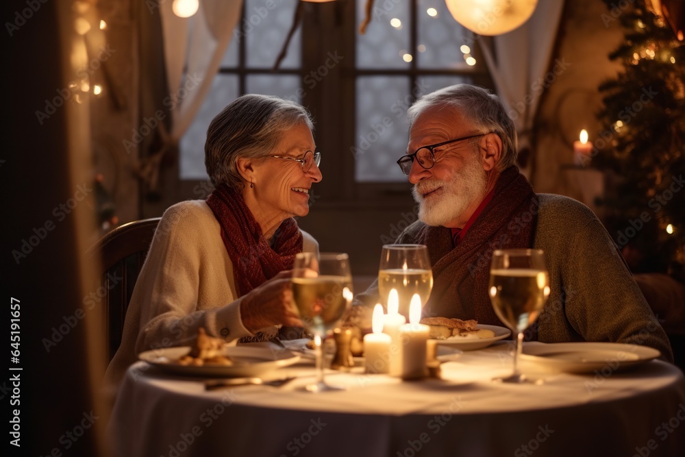 mature traditional couple smiling at Christmas dinner, middle aged marriage celebrating new year night having fun together, man and woman in their 50s having a good time on December