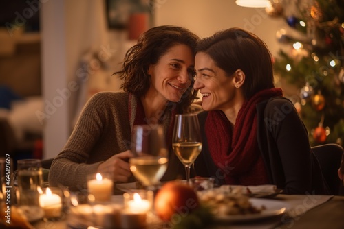 mature lesbian couple smiling at Christmas dinner  middle aged LGBTIQQ marriage celebrating new year night having fun together  women in their 50s having a good time on December