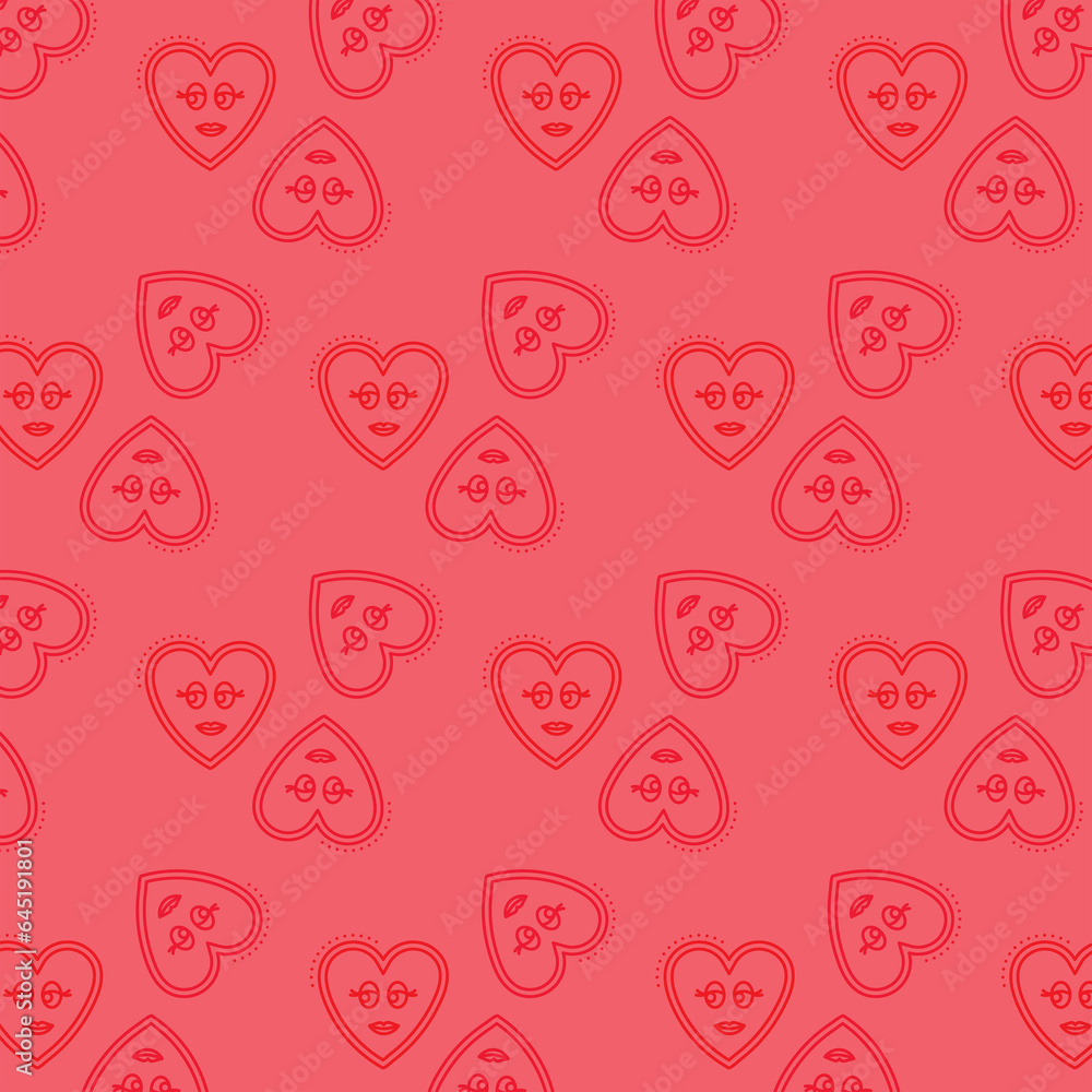 Digital png illustration of red hearts with faces repeated on pink on transparent background Digital png illustration of red hearts with faces repeated on pink on transparent background