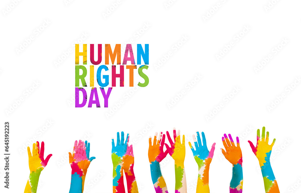 Digital png of colourful human rights day text and raised hands on transparent background Digital png of colourful human rights day text and raised hands on transparent background