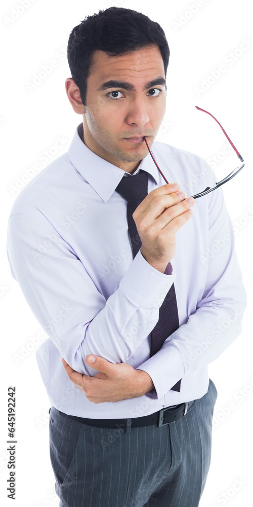 Digital png photo of thoughtful biracial businessman on transparent background Digital png photo of thoughtful biracial businessman on transparent background