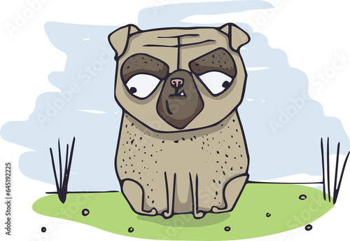 Fototapeta Naklejka Na Ścianę i Meble -  Digital png illustration of sitting pug dog outdoors on transparent background