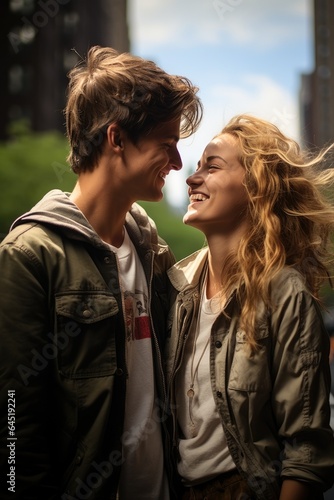 Portrait of a happy romantic teenagers couple outdoors in a New York city park in a sunny day. Generative AI
