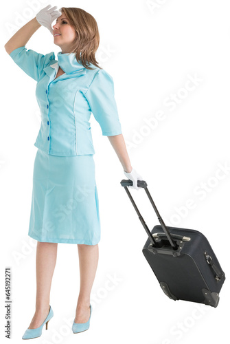 Digital png photo of caucasian air hostess with suitcase looking away on transparent background