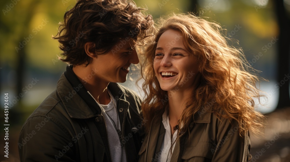 Obraz premium Portrait of a happy romantic teenagers couple outdoors in a New York city park in a sunny day. Generative AI
