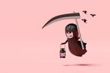 3d halloween holiday party with grim reaper hand holding scythe, storm lantern, bat isolated on pink background. 3d render illustration