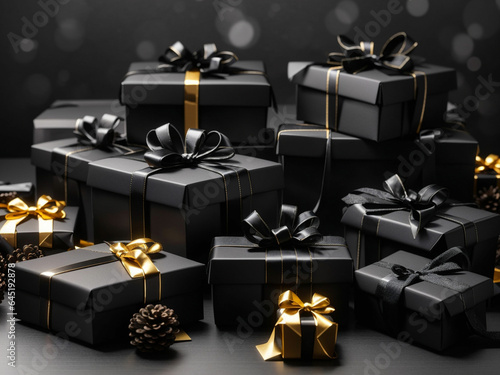 Arranged Gifts boxes wrapped in black paper with black ribbon on black background. Christmas concept Wrapped Gift Boxes with black paper flowers and decorations and square gift tag,Mockup High angle 