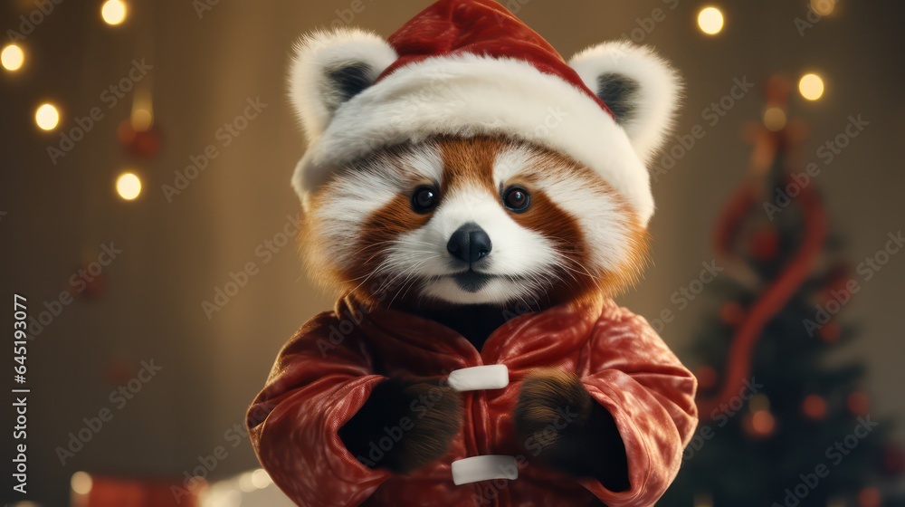 a photograph of red panda wearing santa clause costume and hat for christmas celebration generative ai a photograph of red panda wearing santa clause costume and hat for christmas celebration generative ai