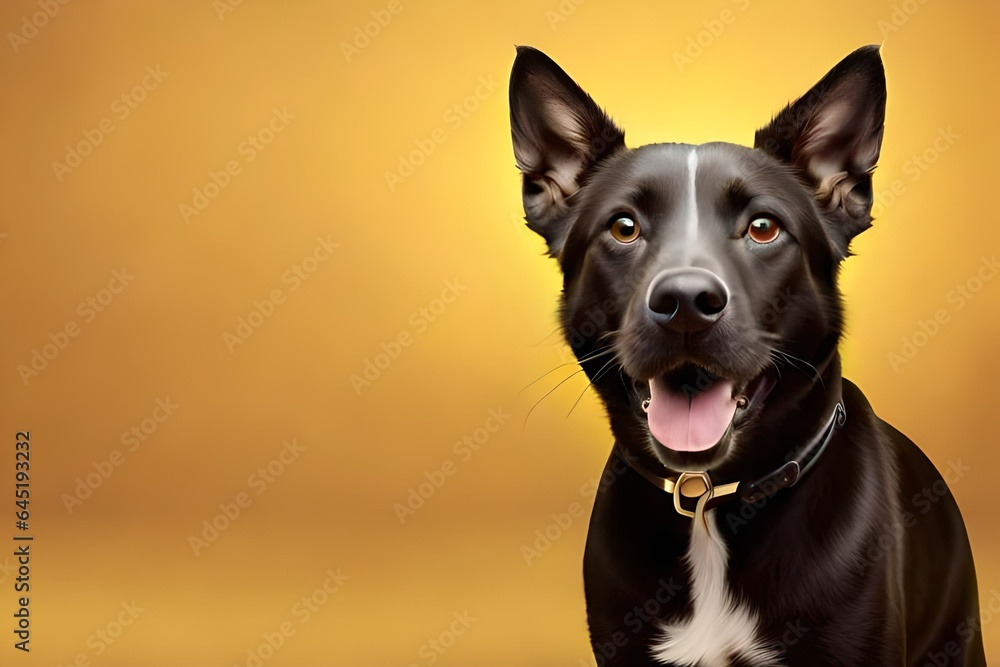 A joyful puppy with a beaming smile against a solitary yellow backdrop.