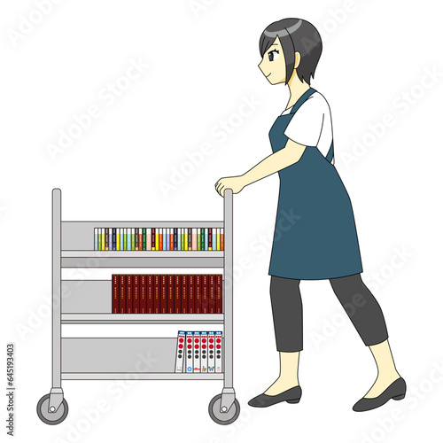 ブックトラックで本を運ぶ女性のイラスト