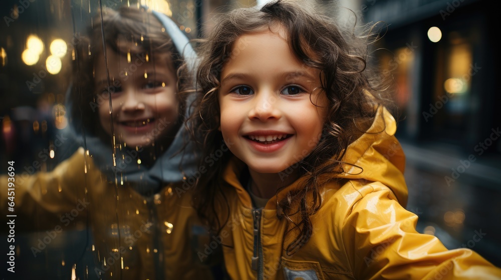 Kids boy and girl happy and smiling on rainy day. Generative AI Kids boy and girl happy and smiling on rainy day. Generative AI