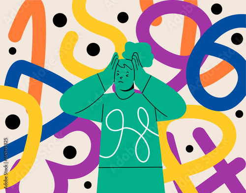 Obsessive compulsive disorder symptoms with woman fear, has intrusive thoughts and counting. OCD concept about numbers counting obsession. Colorful vector illustration