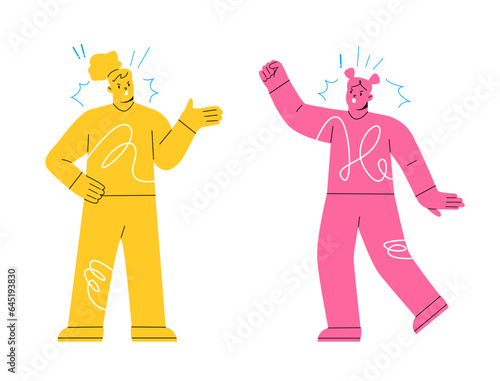 Quarrelling concept. Two woman showing aggression and disagreement. Colorful vector illustration