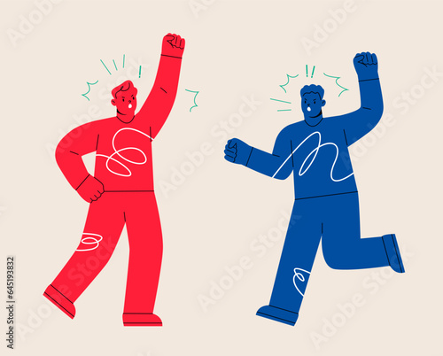 Quarrelling concept. Two men showing aggression and disagreement. Colorful vector illustration