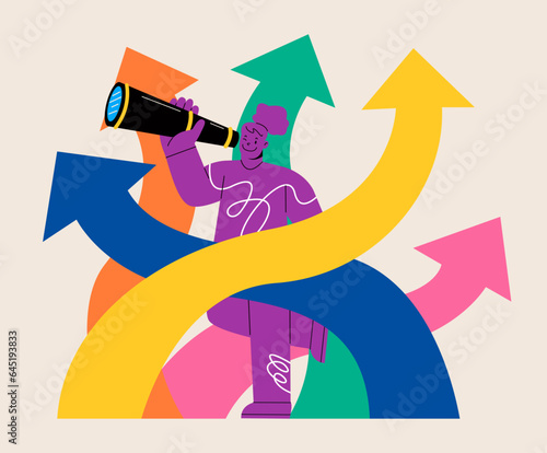 Female search for or figure out right life, or direction. Colorful vector illustration