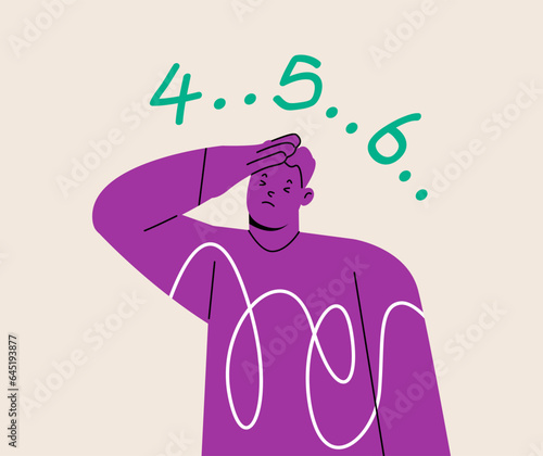 Obsessive compulsive disorder symptoms with man fear, has intrusive thoughts and counting. OCD concept about numbers counting obsession. Colorful vector illustration
